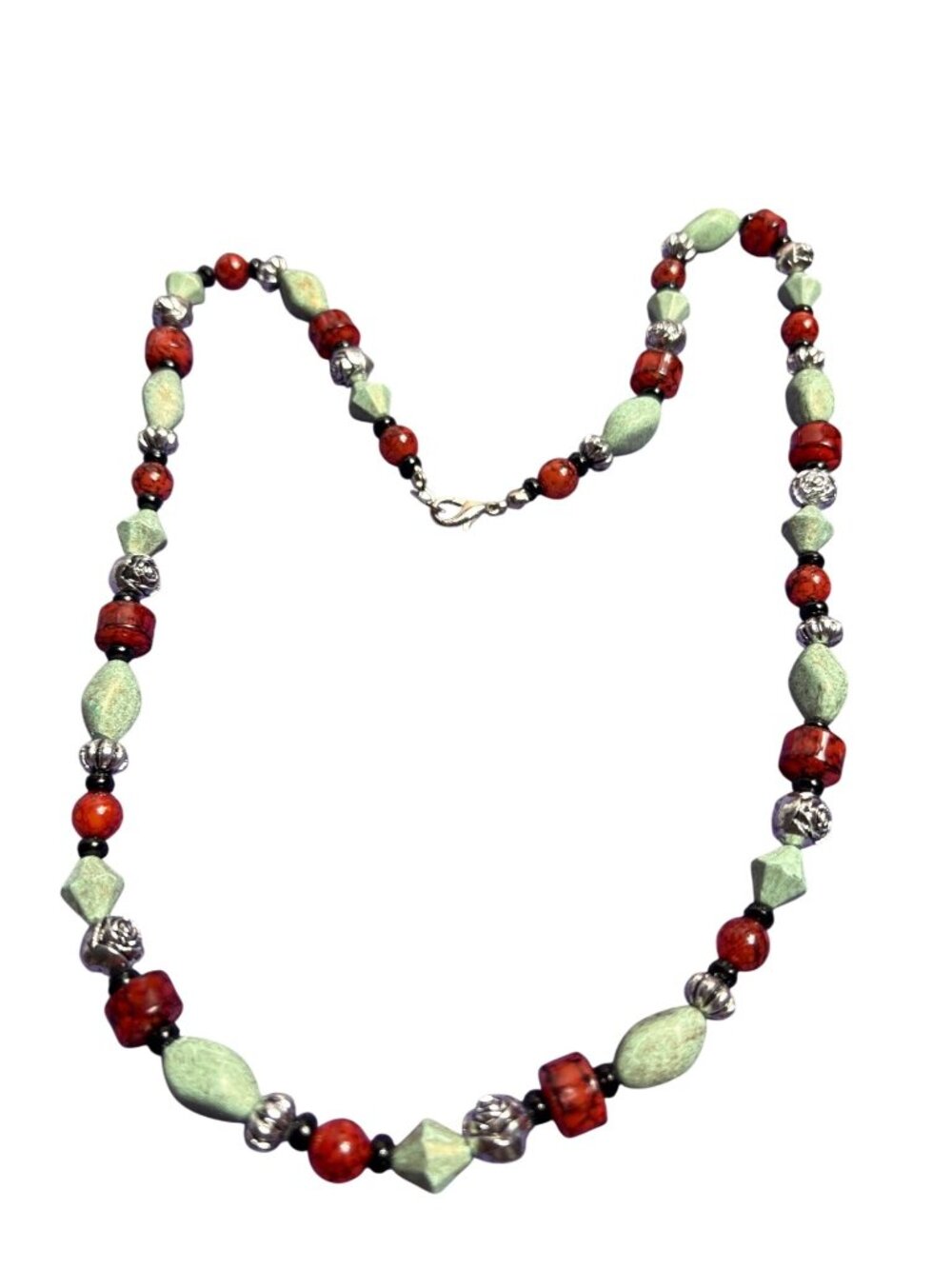 Vintage 90s Plastic Beaded Necklace Red Green Black Silvertone Roses 24 inches